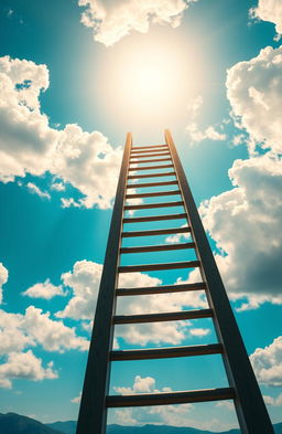 A stunning visual of a tall, sturdy ladder reaching upwards into a vibrant blue sky, with fluffy white clouds parting dramatically to reveal bright, warm sunlight streaming through