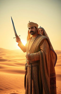 In a vast, arid desert landscape, a Persian prince stands confidently holding a gleaming dagger in his right hand