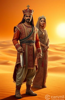 In a vast, arid desert landscape, a Persian prince stands confidently holding a gleaming dagger in his right hand