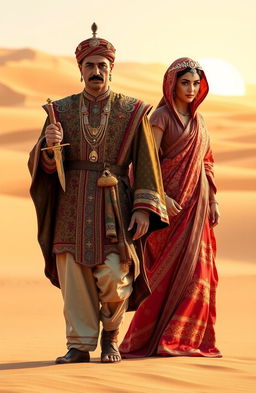 In a vast, arid desert landscape, a Persian prince stands confidently holding a gleaming dagger in his right hand
