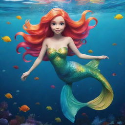 A charming, colourful depiction of a cartoon mermaid, swimming gracefully underwater.