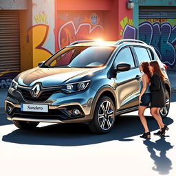 A detailed artistic rendering of a modern Renault Sandero, showcasing its sleek lines and sporty design