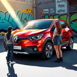 A detailed artistic rendering of a modern Renault Sandero, showcasing its sleek lines and sporty design