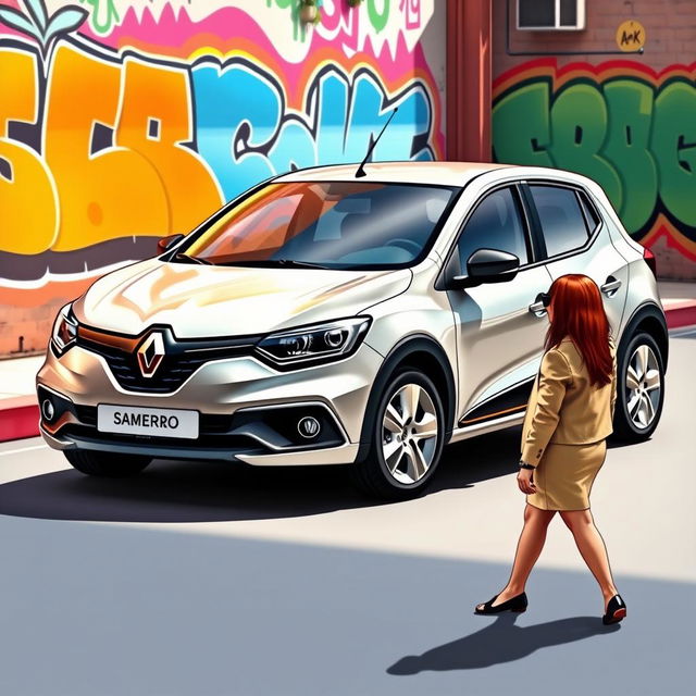 A detailed artistic rendering of a modern Renault Sandero, showcasing its sleek lines and sporty design