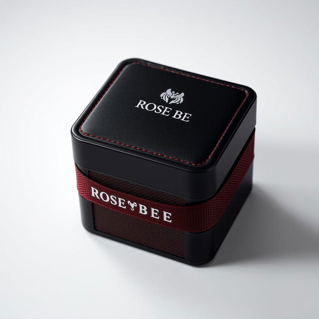 A luxurious black watch box adorned with a maroon text logo that reads 'ROSE BEE'