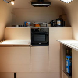 A fully equipped kitchen with a centrally placed stove burner. Both sides have a pull-out system, one storing a bottle and another a gas cylinder. Additional detailing includes a show hand corner on the sides.