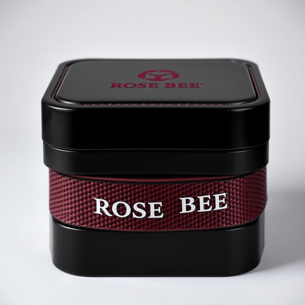 A luxurious black watch box adorned with a maroon text logo that reads 'ROSE BEE'