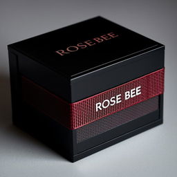 A luxurious black watch box adorned with a maroon text logo that reads 'ROSE BEE'