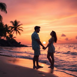 A romantic sunset beach scene, featuring a couple holding hands, standing on the sandy shore, with gentle waves lapping at their feet