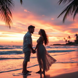 A romantic sunset beach scene, featuring a couple holding hands, standing on the sandy shore, with gentle waves lapping at their feet