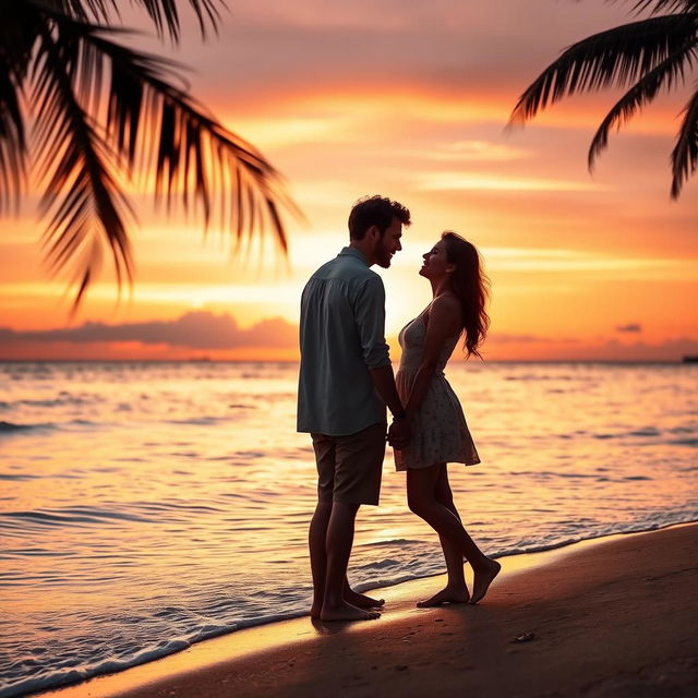 A romantic sunset beach scene, featuring a couple holding hands, standing on the sandy shore, with gentle waves lapping at their feet