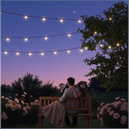 A serene twilight garden scene, showcasing a couple sitting closely on a wooden bench surrounded by blooming flowers and soft, twinkling fairy lights strung above them