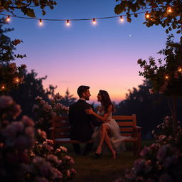 A serene twilight garden scene, showcasing a couple sitting closely on a wooden bench surrounded by blooming flowers and soft, twinkling fairy lights strung above them