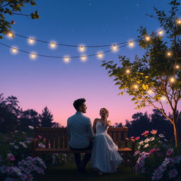 A serene twilight garden scene, showcasing a couple sitting closely on a wooden bench surrounded by blooming flowers and soft, twinkling fairy lights strung above them