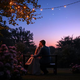 A serene twilight garden scene, showcasing a couple sitting closely on a wooden bench surrounded by blooming flowers and soft, twinkling fairy lights strung above them