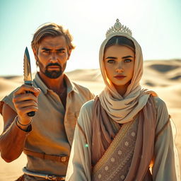 In a vast, sunlit desert, a man stands determinedly holding a small dagger in his right hand