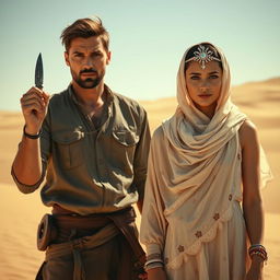 In a vast, sunlit desert, a man stands determinedly holding a small dagger in his right hand