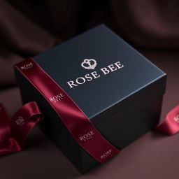 An elegant black watch box adorned with a sophisticated maroon text logo that reads 'ROSE BEE'