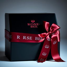 An elegant black watch box adorned with a sophisticated maroon text logo that reads 'ROSE BEE'