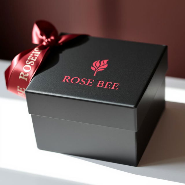 An elegant black watch box adorned with a sophisticated maroon text logo that reads 'ROSE BEE'