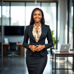 A beautiful ebony woman in a sophisticated office environment, wearing an elegant office outfit that includes a fitted blazer over a stylish blouse and a sleek pencil skirt