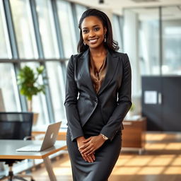 A beautiful ebony woman in a sophisticated office environment, wearing an elegant office outfit that includes a fitted blazer over a stylish blouse and a sleek pencil skirt
