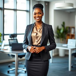 A beautiful ebony woman in a sophisticated office environment, wearing an elegant office outfit that includes a fitted blazer over a stylish blouse and a sleek pencil skirt