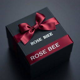 An elegant black watch box featuring a stylish maroon text logo that reads 'ROSE BEE'