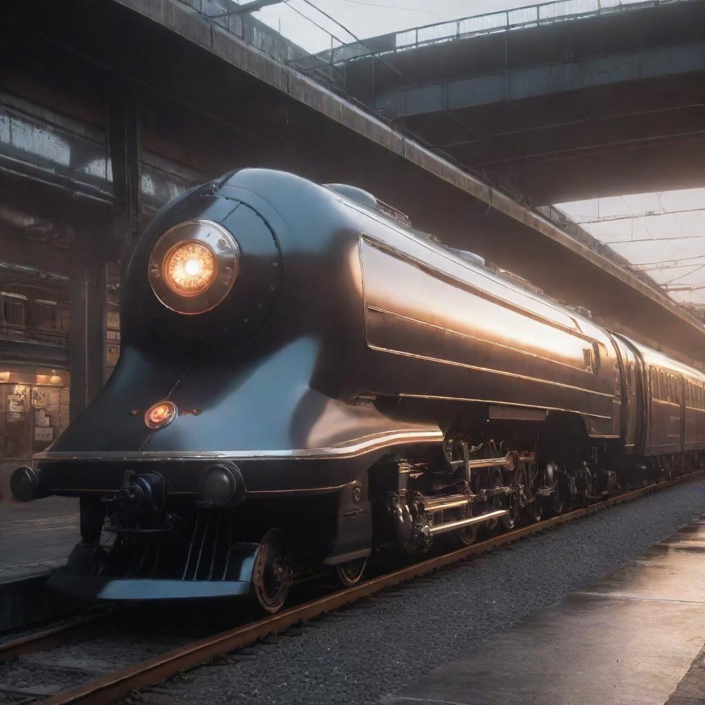 A futuristic steam train, blending vintage aesthetics with advanced tech. Features include a sleek, elongated design, a fusion of traditional iron and futuristic materials, touch of neon lights, and steam-powered yet virtually silent operation through a metropolis tinged with the hues of a sunset