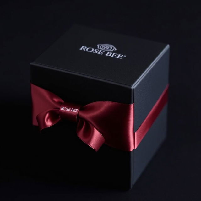 An elegant black watch box featuring a stylish maroon text logo that reads 'ROSE BEE'