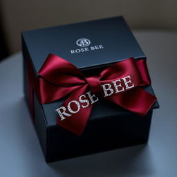 An elegant black watch box featuring a stylish maroon text logo that reads 'ROSE BEE'