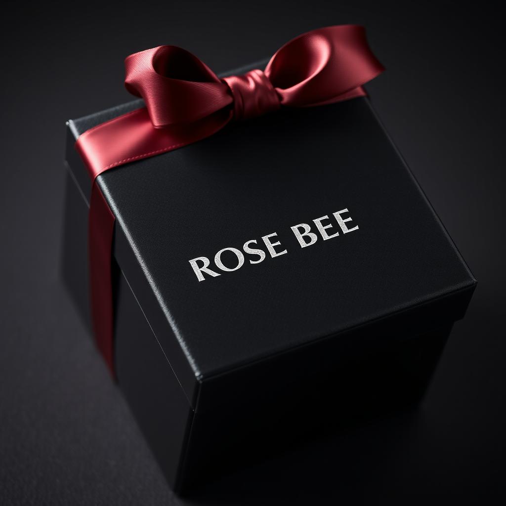 An elegant black watch box featuring a stylish maroon text logo that reads 'ROSE BEE'