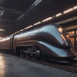 A futuristic steam train, blending vintage aesthetics with advanced tech. Features include a sleek, elongated design, a fusion of traditional iron and futuristic materials, touch of neon lights, and steam-powered yet virtually silent operation through a metropolis tinged with the hues of a sunset