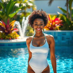 A beautiful young African woman standing confidently by the pool, wearing a stylish swimsuit that showcases her vibrant and radiant personality