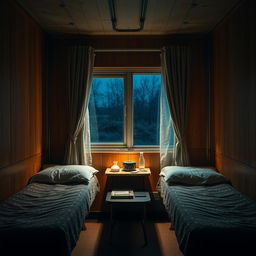 A cozy and atmospheric post-Soviet train compartment during the evening, showcasing the full interior