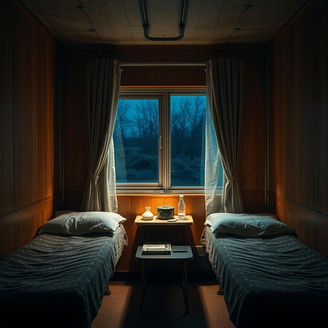 A cozy and atmospheric post-Soviet train compartment during the evening, showcasing the full interior