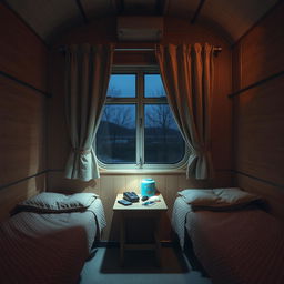 A cozy and atmospheric post-Soviet train compartment during the evening, showcasing the full interior