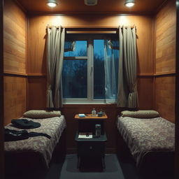 A cozy and atmospheric post-Soviet train compartment during the evening, showcasing the full interior