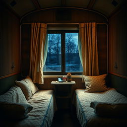 A cozy and atmospheric post-Soviet train compartment during the evening, showcasing the full interior