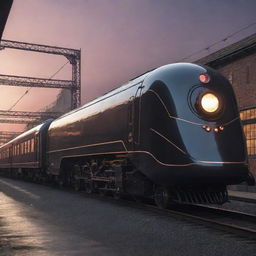 A futuristic steam train, blending vintage aesthetics with advanced tech. Features include a sleek, elongated design, a fusion of traditional iron and futuristic materials, touch of neon lights, and steam-powered yet virtually silent operation through a metropolis tinged with the hues of a sunset