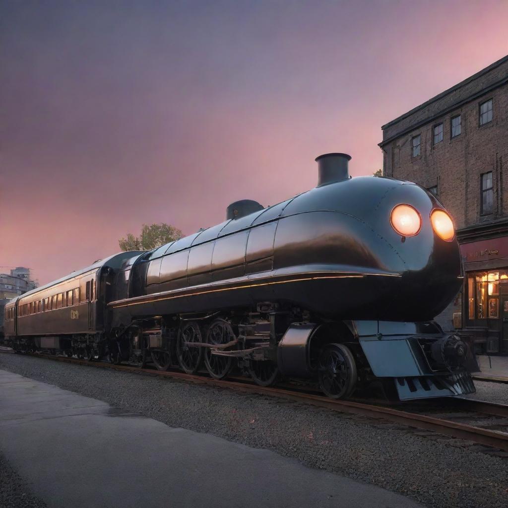 A futuristic steam train, blending vintage aesthetics with advanced tech. Features include a sleek, elongated design, a fusion of traditional iron and futuristic materials, touch of neon lights, and steam-powered yet virtually silent operation through a metropolis tinged with the hues of a sunset