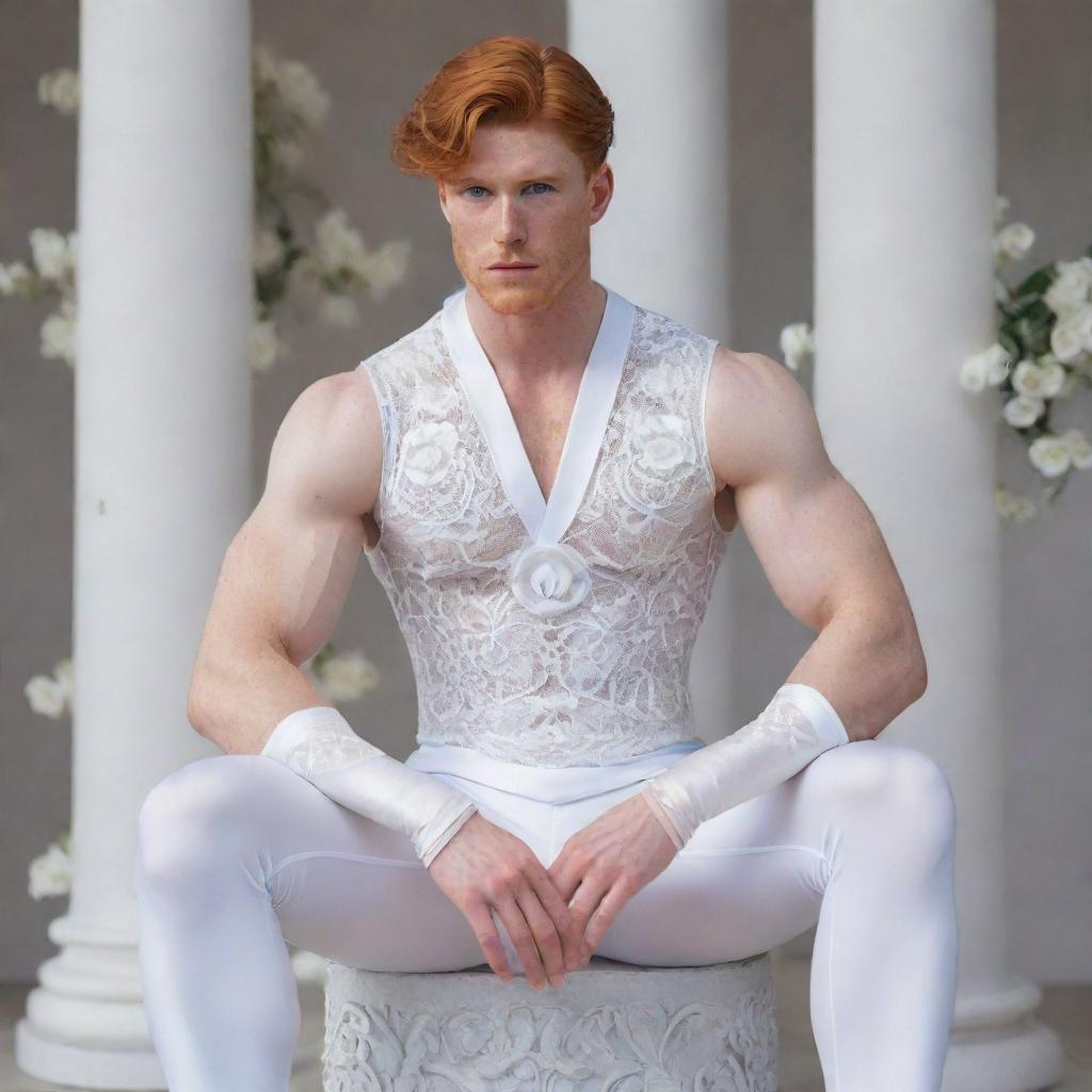 A hyperrealistic image of a muscular, freckled, ginger-haired man sitting on a column. He is wearing an openwork, white iridescent sailor moon outfit in silk. The background is filled with elegant white flowers and arabesques.