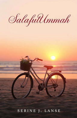 A serene book cover featuring a vintage bicycle positioned on a sandy beach during the early evening