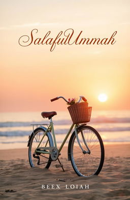 A serene book cover featuring a vintage bicycle positioned on a sandy beach during the early evening