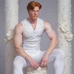 A hyperrealistic image of a muscular, freckled, ginger-haired man sitting on a column. He is wearing an openwork, white iridescent sailor moon outfit in silk. The background is filled with elegant white flowers and arabesques.