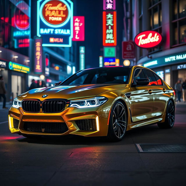 A sleek and futuristic BMW M5, illuminated in vibrant neon colors, parked in an urban environment at night