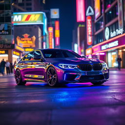A sleek and futuristic BMW M5, illuminated in vibrant neon colors, parked in an urban environment at night