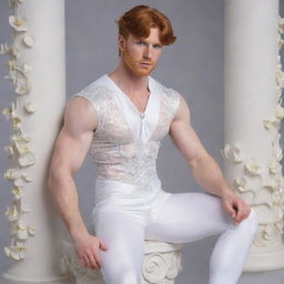 A hyperrealistic image of a muscular, freckled, ginger-haired man sitting on a column. He is wearing an openwork, white iridescent sailor moon outfit in silk. The background is filled with elegant white flowers and arabesques.