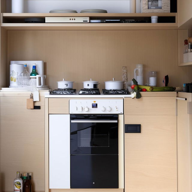 A fully equipped kitchen with a centrally placed stove burner. Both sides have a pull-out system, one storing a bottle and another a gas cylinder. Additional detailing includes a show hand corner on the sides.