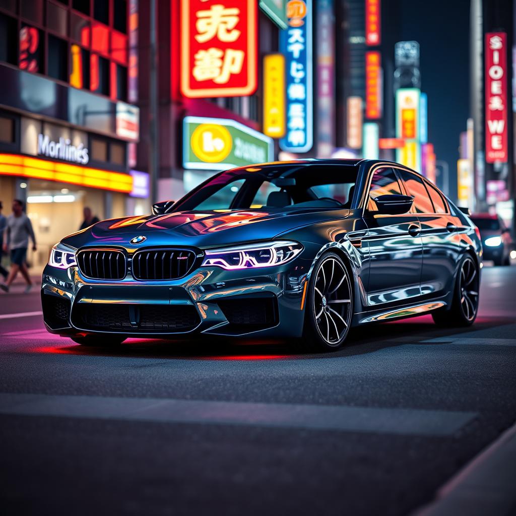 A sleek and futuristic BMW M5, illuminated in vibrant neon colors, parked in an urban environment at night
